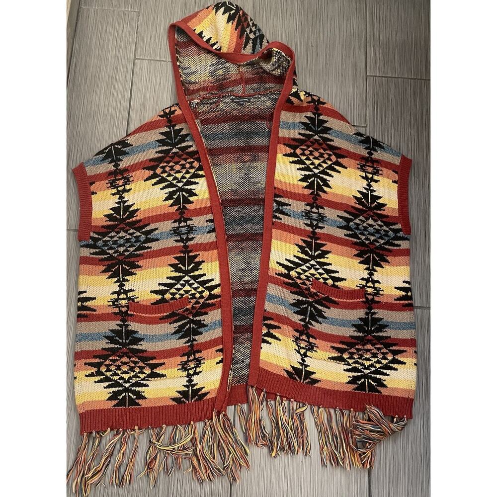 American Eagle Hooded Open Blanket Cardigan Sweater Size Medium Aztec Southwest